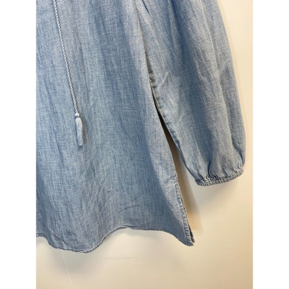 Old Navy Womens Size S Chambray Embroidered Tunic Top Balloon Sleeve Tassel Blue - Picture 8 of 8